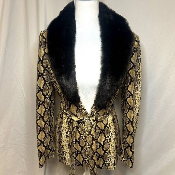 Cache Designer Snake Print Black Fur Vinyl Jacket Coat Womens Authentic - Picture 7 of 11